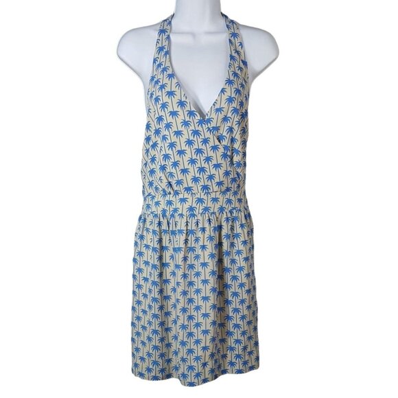 JustFab Halter Dress Tan Blue Large Palm Tree Sleeveless Surplice V Neck NWT - Picture 1 of 7